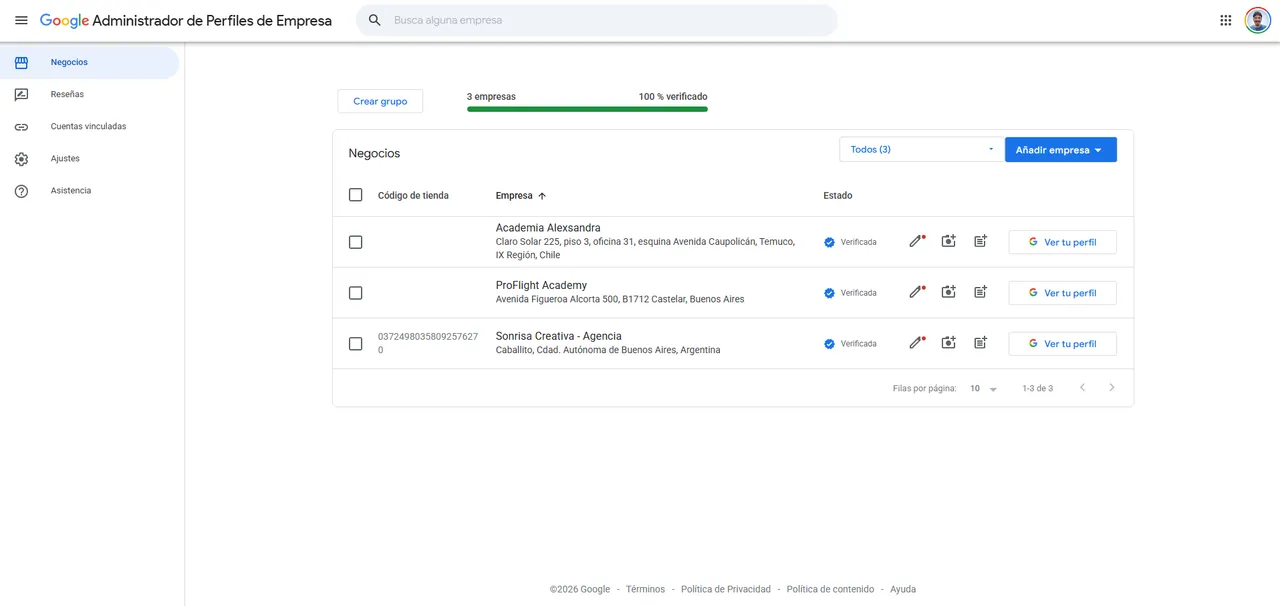 Listado de fichas dentro de Google Administrador de Perfiles de Empresa