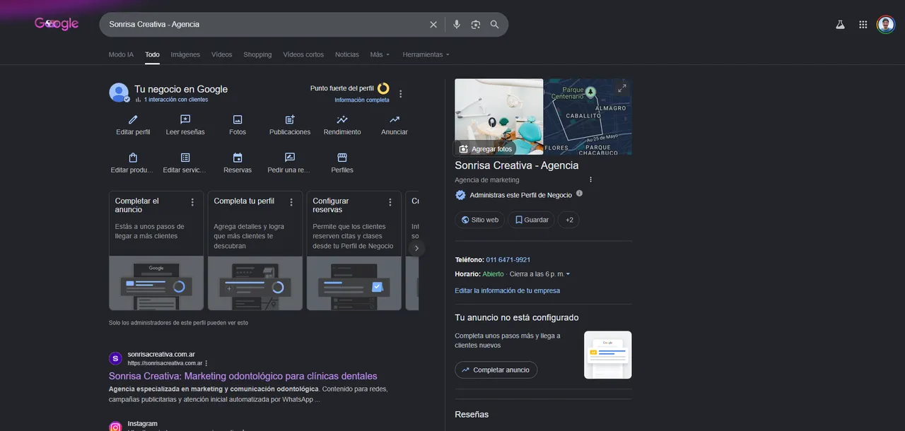 Vista del módulo Tu negocio en Google con la ficha del consultorio abierta