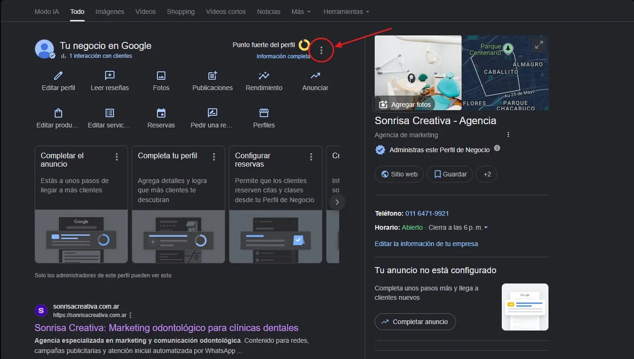 Menú de tres puntos en la parte superior derecha de la ficha de Google Business Profile