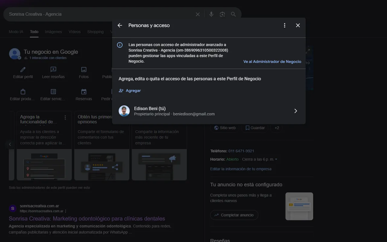 Modal Personas y acceso de Google Business Profile mostrando al Propietario principal de la ficha y la lista de usuarios con permisos