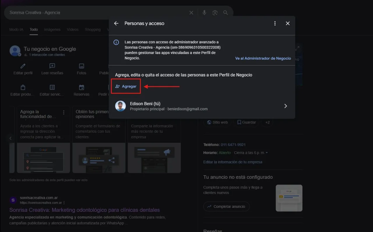 Botón Agregar de Personas y acceso destacado para invitar a un nuevo administrador a la ficha de Google Business Profile
