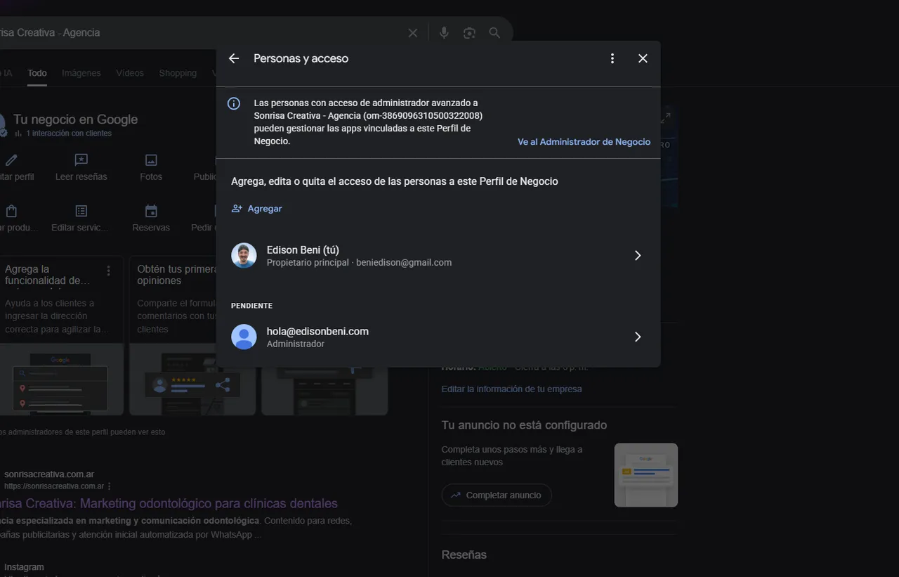Listado de Personas y acceso mostrando la invitación pendiente recién enviada